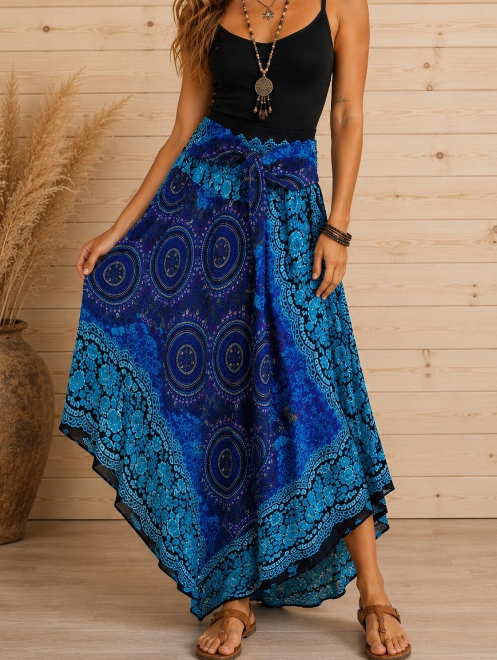 Boho Blue Purple Maxi Skirt Plus XL/1X Flowy Handkerchief Hem Mandala Versatile